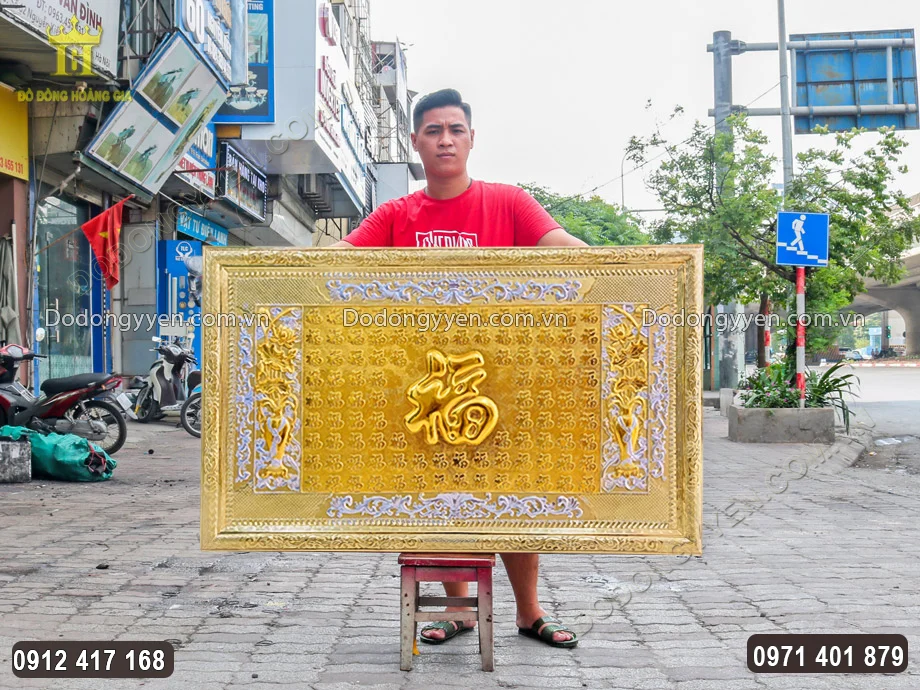 Tranh Đồng B&aacute;ch Ph&uacute;c 100 Chữ Ph&uacute;c D&aacute;t Điểm Bạc V&agrave;ng 9999